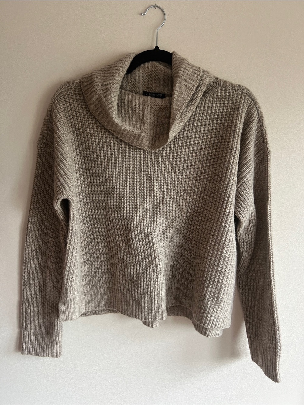 Eileen Fisher Taupe Ribbed Cowl Neck Sweater